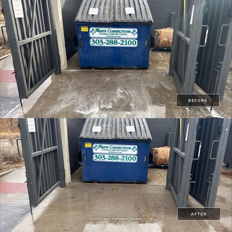 Commercial dumpster pad before and after pressure washing
