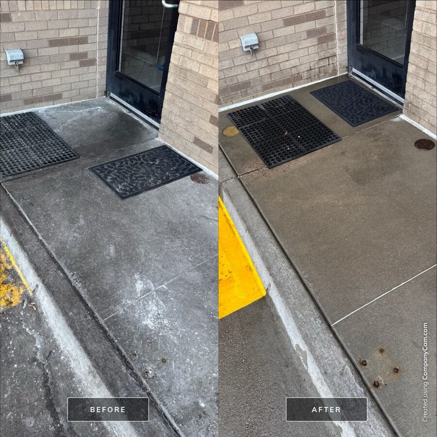 Storefront entry concrete before and after pressure washing