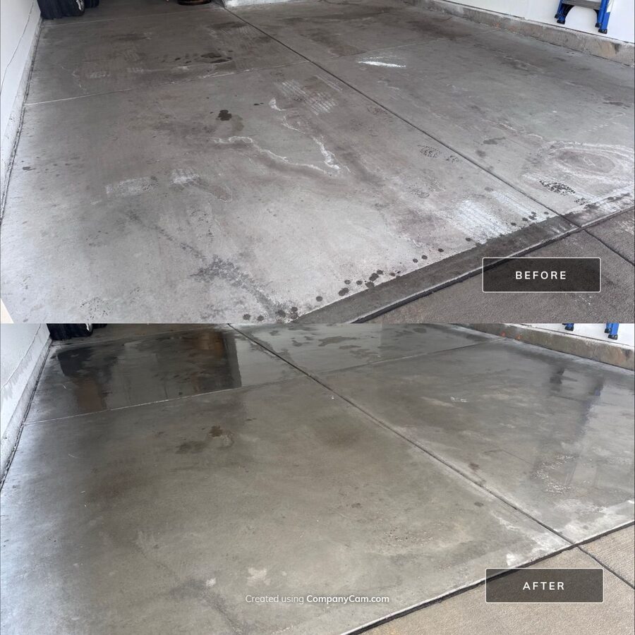 Residential garage floor before and after pressure washing