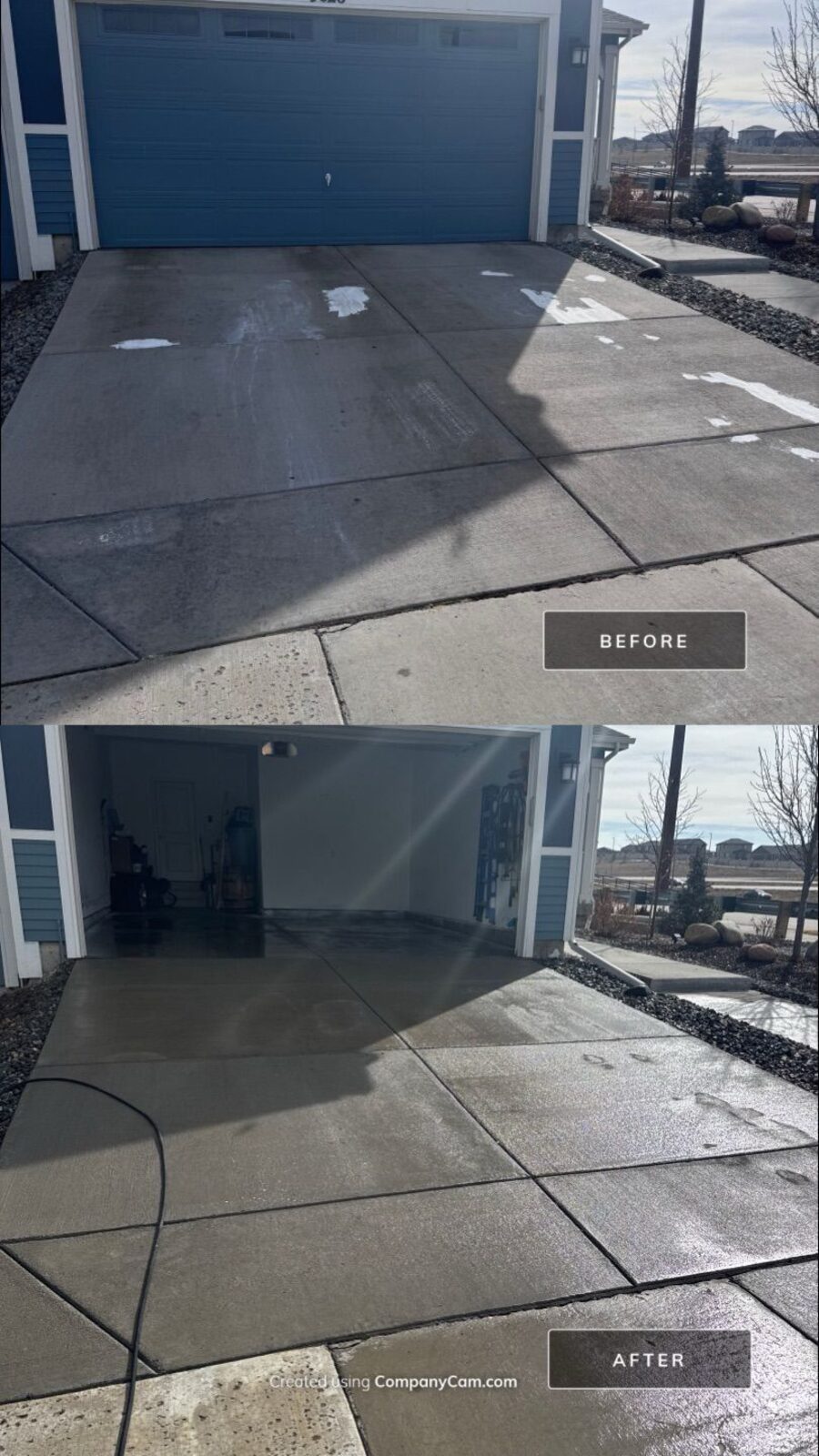 Residential driveway before and after pressure washing